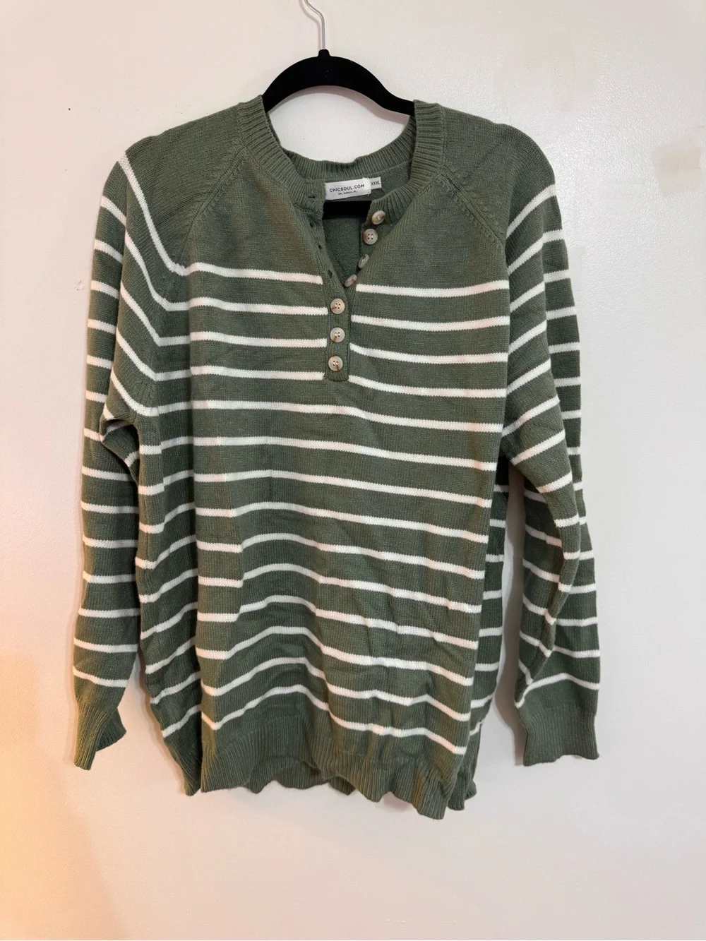 ChicSoul Inspire Others Striped Henley Sweater Green 3X